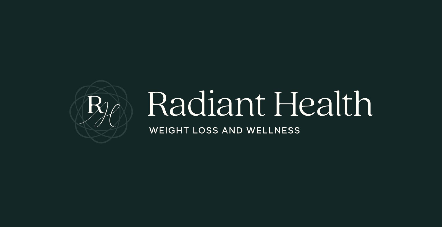 Closeup of radiant health logomark against a dark background