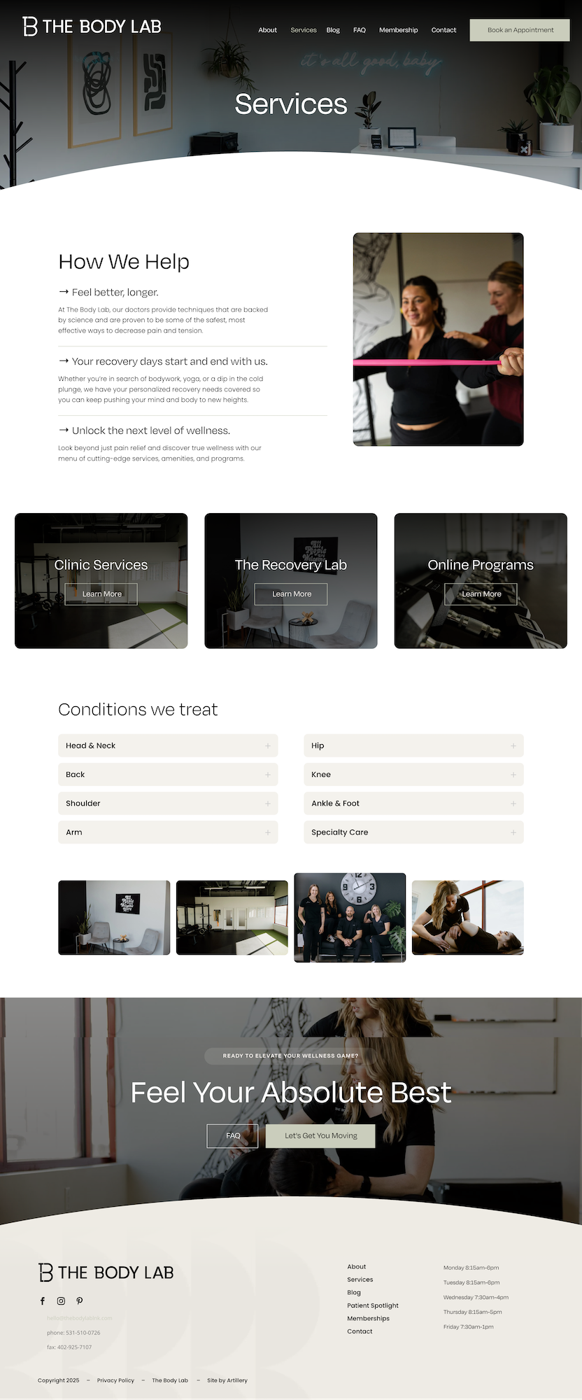 The Body Lab services page screenshot by ARTILLERY