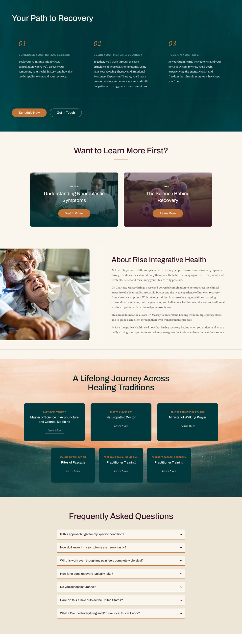 Rise Integrative Health chronic pain relief web page featuring Dr. Charlotte